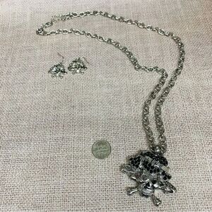 Life Love Luck Silver Black Crystal Skull Cross Bones Necklace Earrings Set
